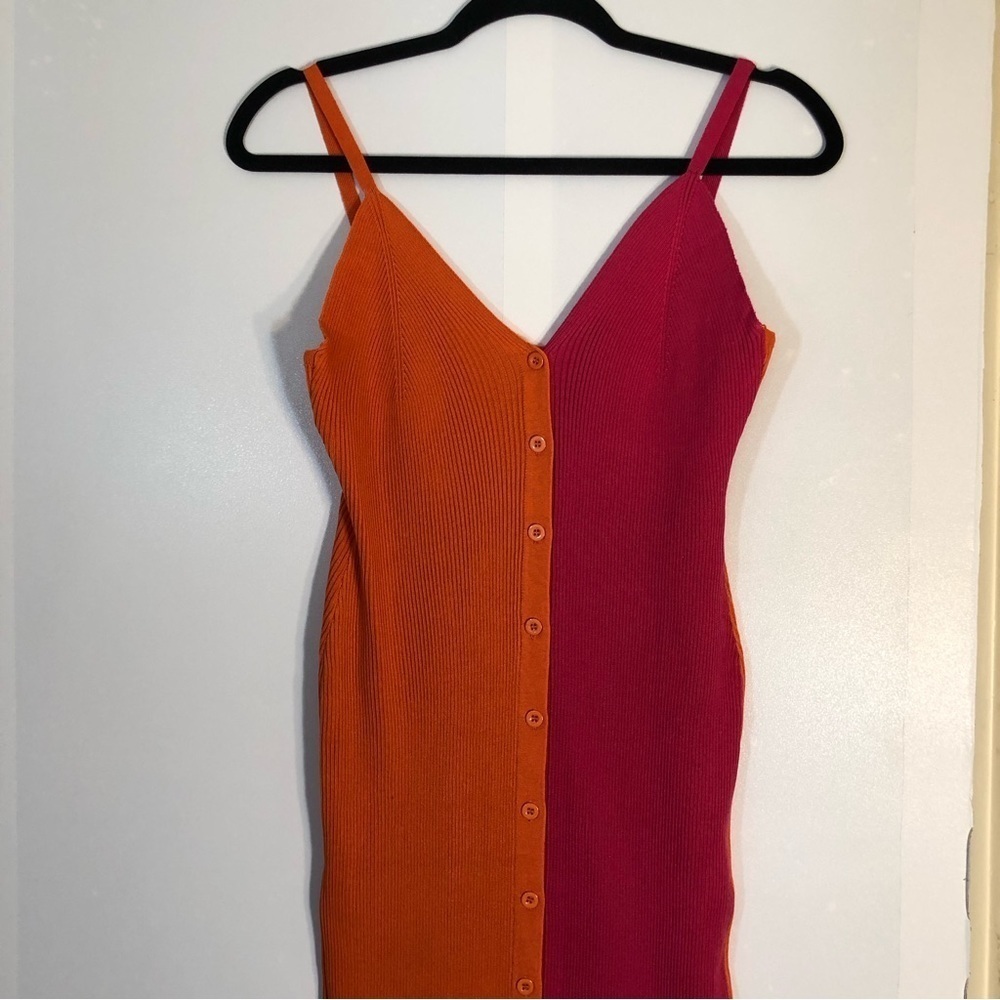 Color Block Ribbed Button Down Midi Dress-Split Front - Picture 2 of 10